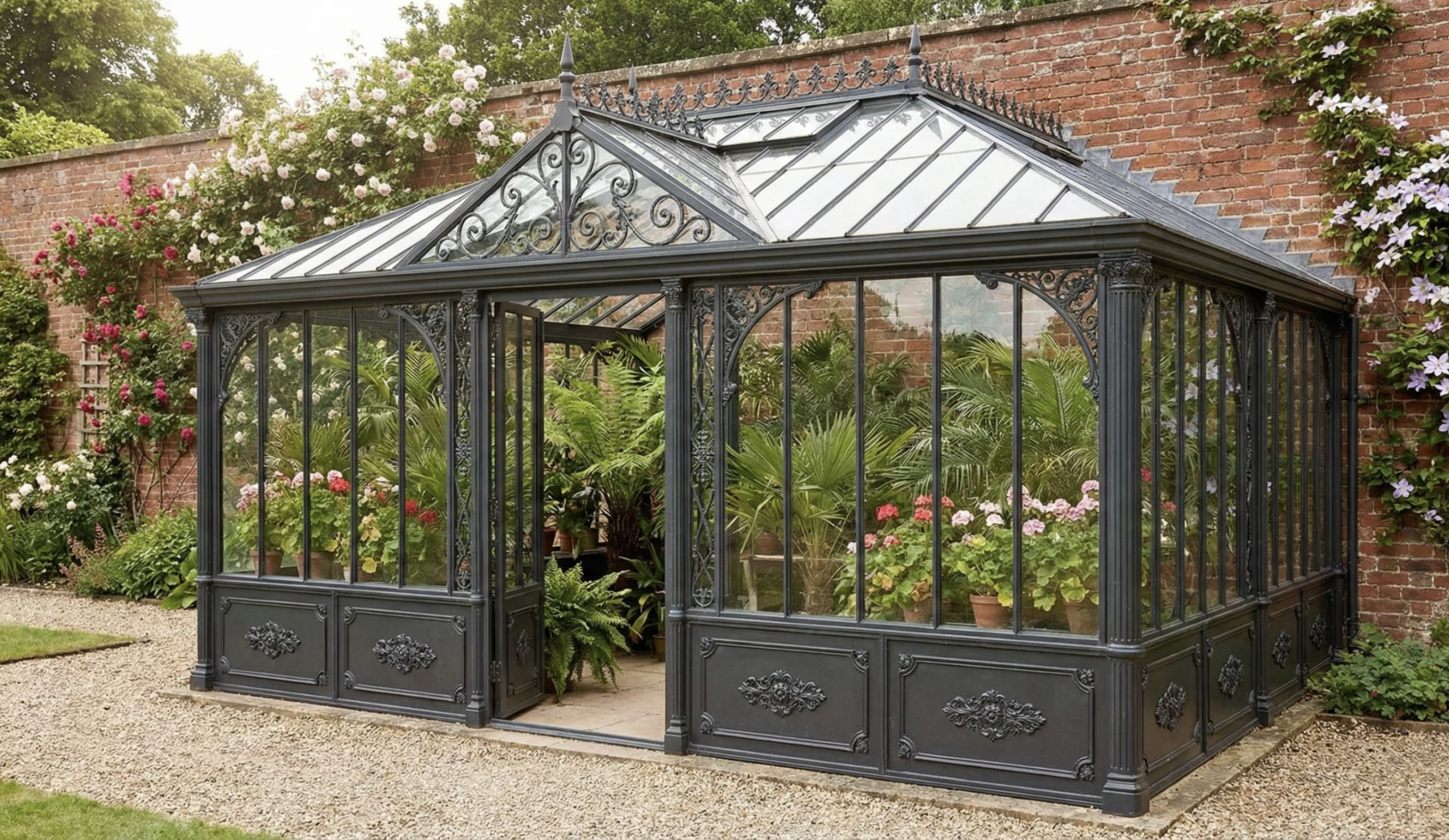black greenhouse in colourful garden