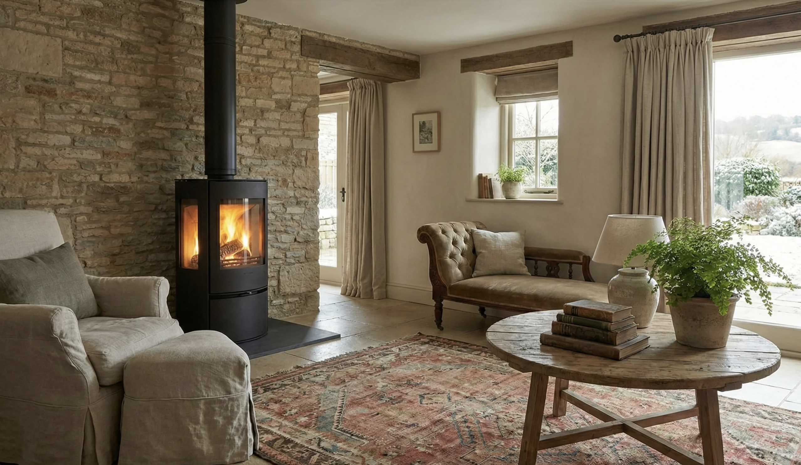 wood burning stove glass in modern home