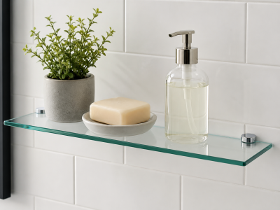 Toughened glass shelf with polished edges in a modern bathroom.