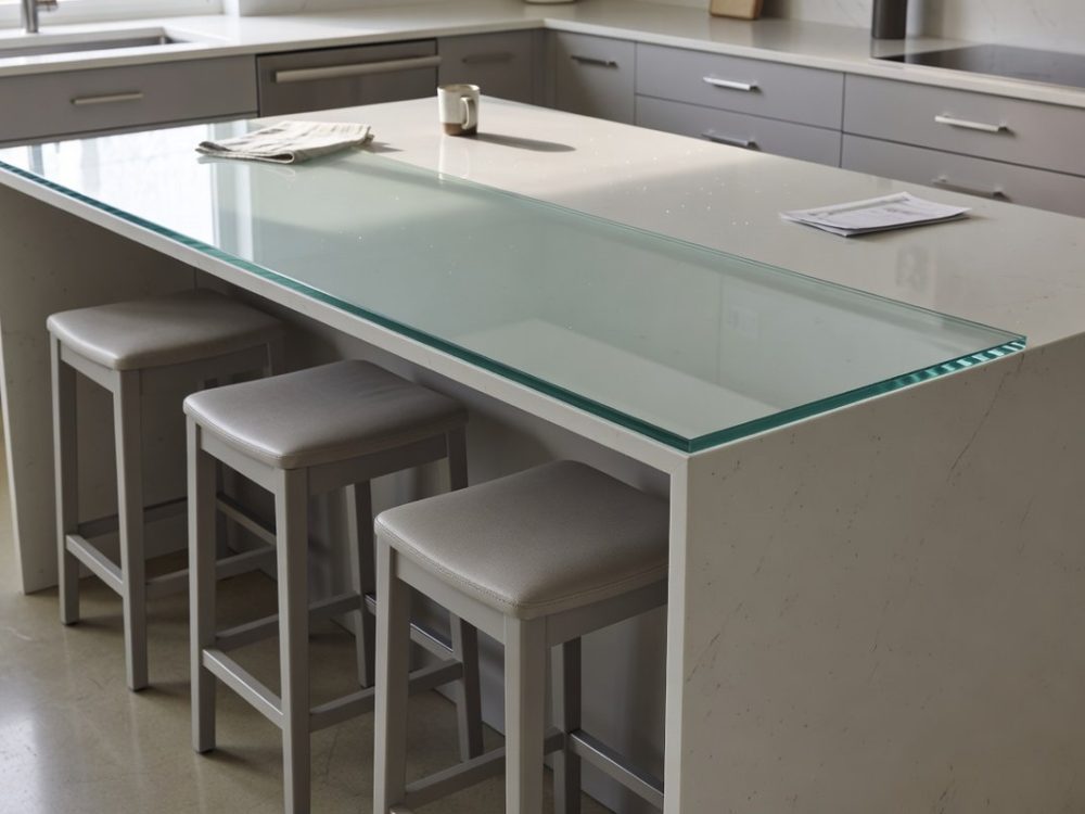 Toughened glass breakfast bar top cut to size, laid flush on a wooden worktop