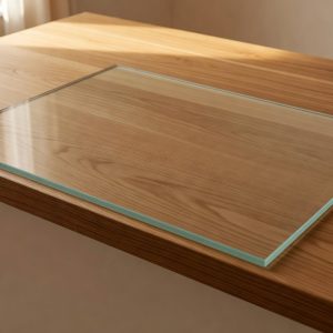 Toughened glass breakfast bar top cut to size, laid flush on a wooden worktop