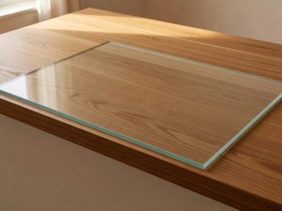 Toughened glass breakfast bar top cut to size, laid flush on a wooden worktop