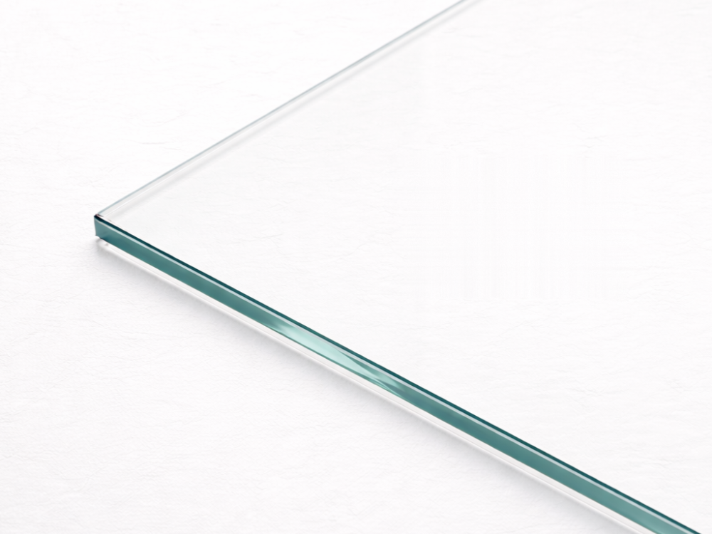 Clear toughened glass pane on a white background