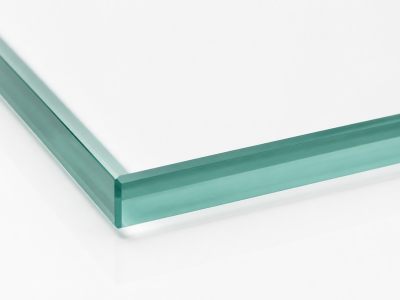 Close up of the polished edge on a clear toughened glass shelf.