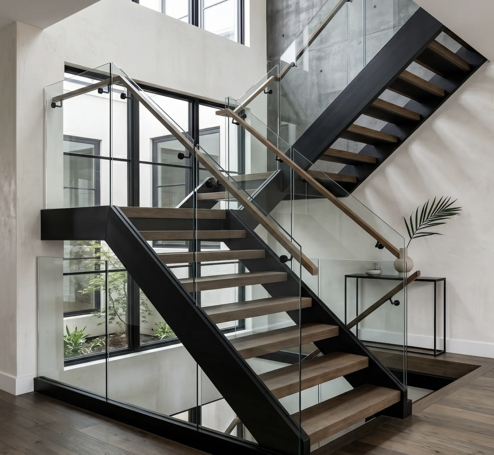 glass balustrades on dark staircase