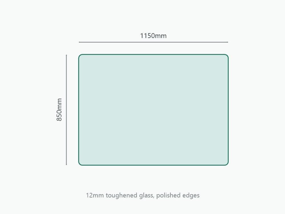 Rectangular glass hearth 1150 x 850mm, 12mm toughened glass, polished edges