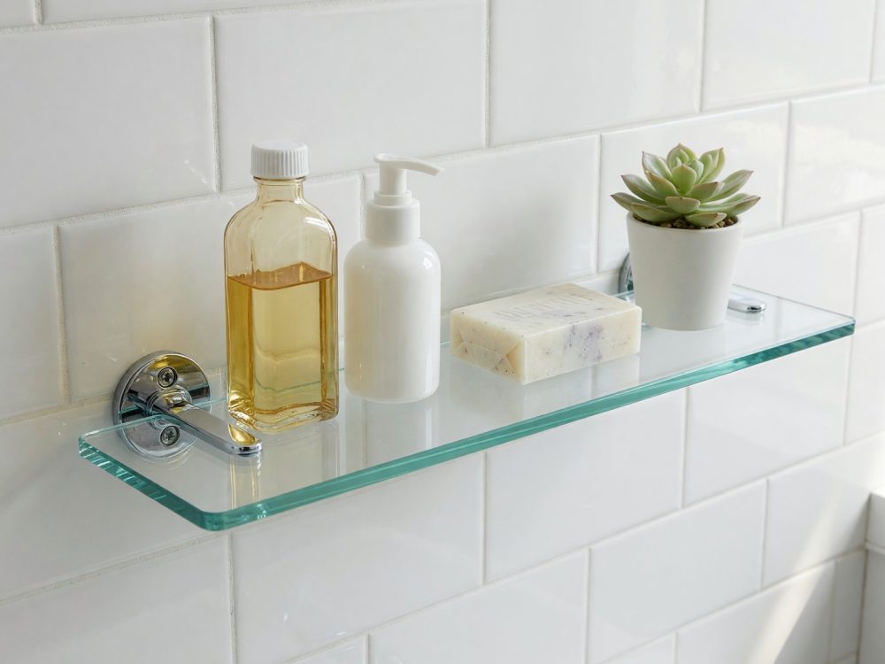 Toughened glass shelf with polished edges in a modern bathroom