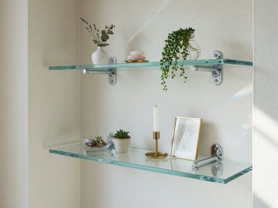 Toughened glass shelves with polished edges mounted in an alcove