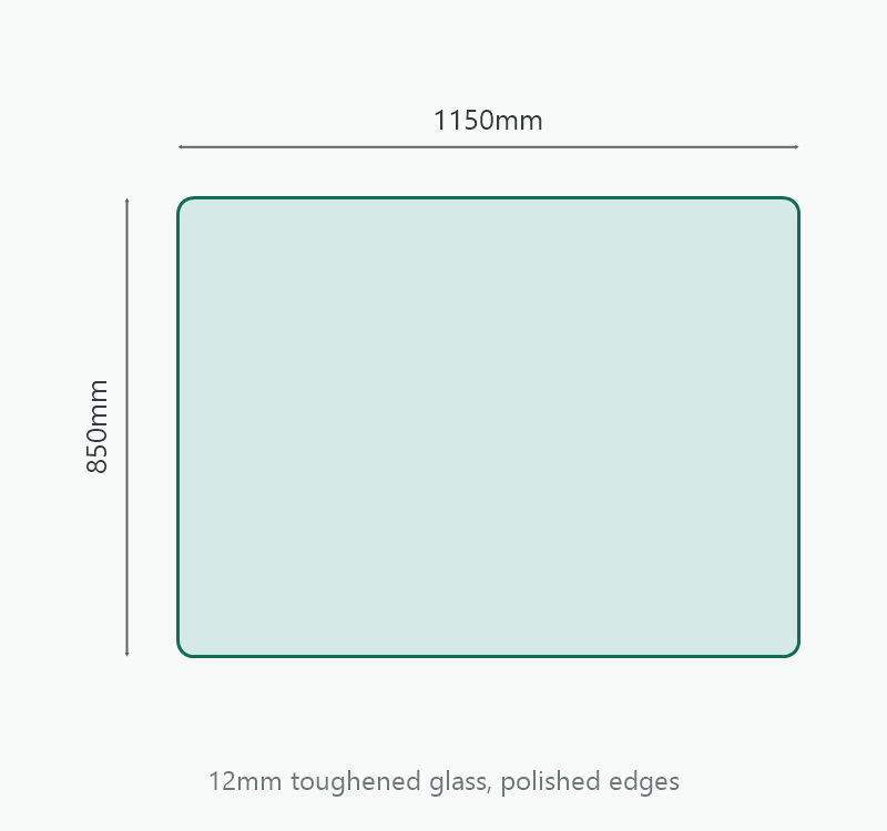 Rectangular Glass Hearth 1150 x 850mm, 12mm toughened glass, dimension diagram