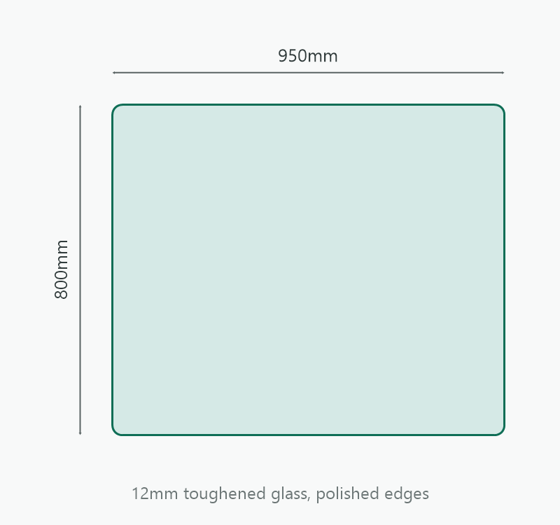 Rectangular Glass Hearth 950 x 800mm, 12mm toughened glass, dimension diagram