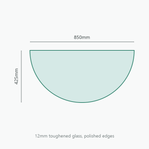 Semi Circle Glass Hearth 850 x 425mm, 12mm toughened glass, dimension diagram