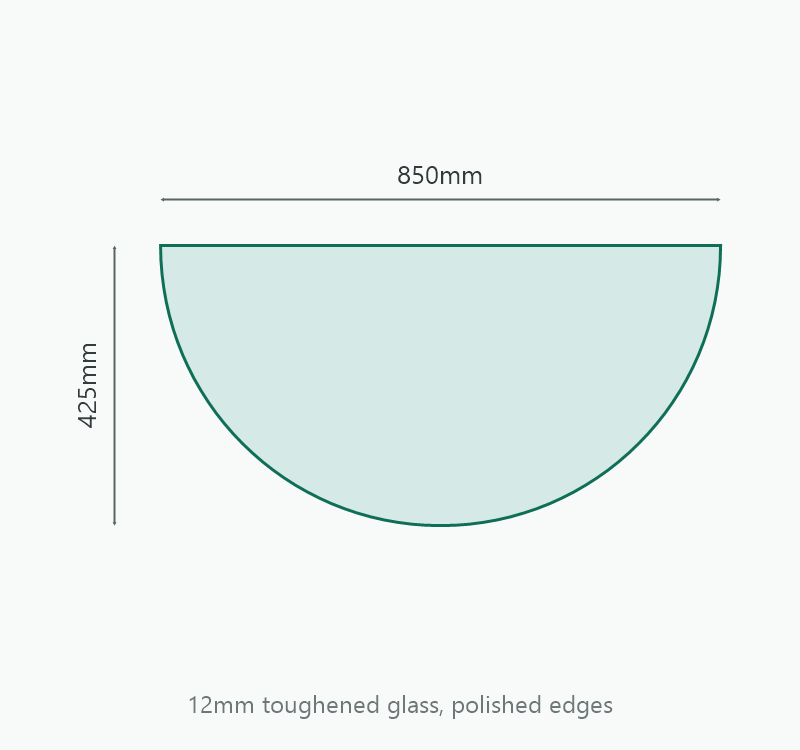 Semi Circle Glass Hearth 850 x 425mm, 12mm toughened glass, dimension diagram