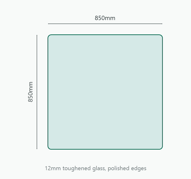 Square Glass Hearth 850 x 850mm, 12mm toughened glass, dimension diagram