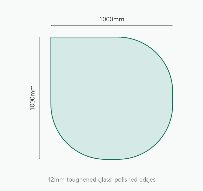 Teardrop Glass Hearth 1000 x 1000mm, 12mm toughened glass, dimension diagram