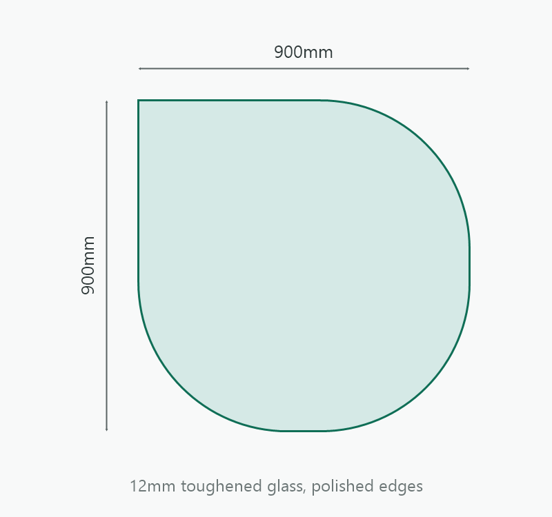 Teardrop Glass Hearth 900 x 900mm, 12mm toughened glass, dimension diagram