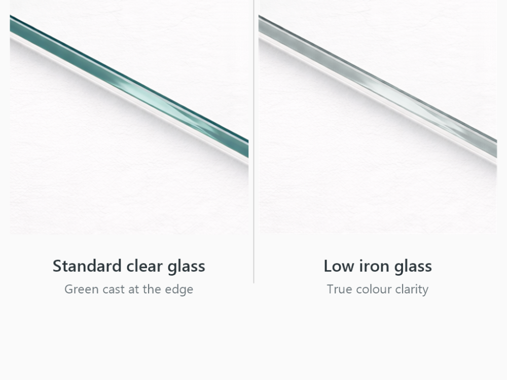 Comparison of standard clear glass with a green edge and low iron glass with a near colourless edge
