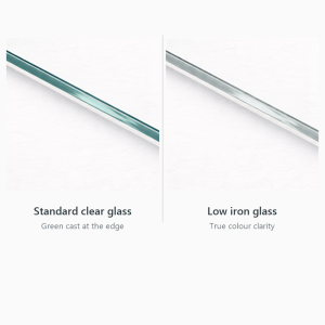 Comparison of standard clear glass with a green edge and low iron glass with a near colourless edge