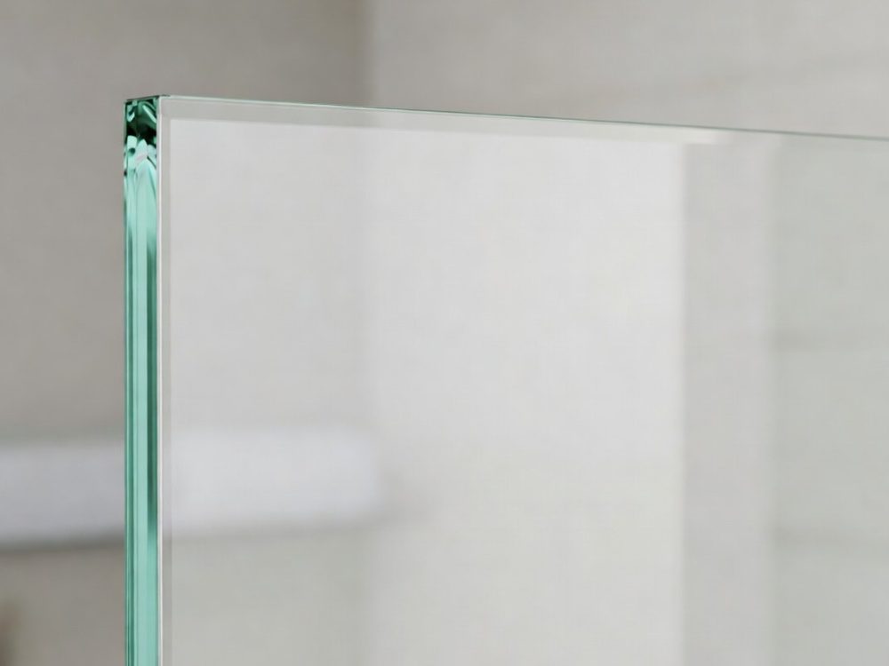 Frameless toughened glass shower screen cut to size with polished exposed top edge