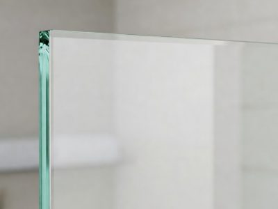 Frameless toughened glass shower screen cut to size with polished exposed top edge