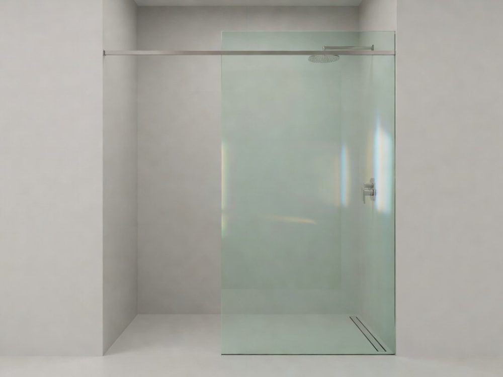 Frameless toughened glass shower screen cut to size with polished exposed top edge
