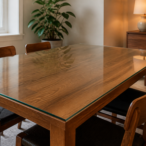 10mm toughened glass table top flush to a wooden dining table