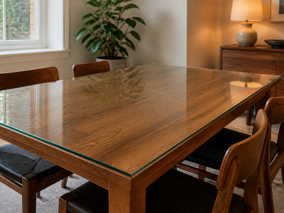 10mm toughened glass table top flush to a wooden dining table
