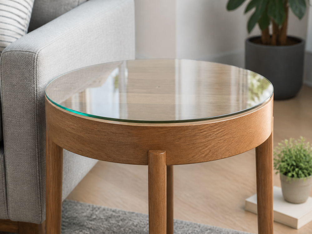 10mm round toughened glass table top flush to a wooden side table
