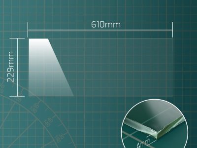 Dimension diagram of 610 x 229 mm toughened greenhouse glass pane, 4mm thick