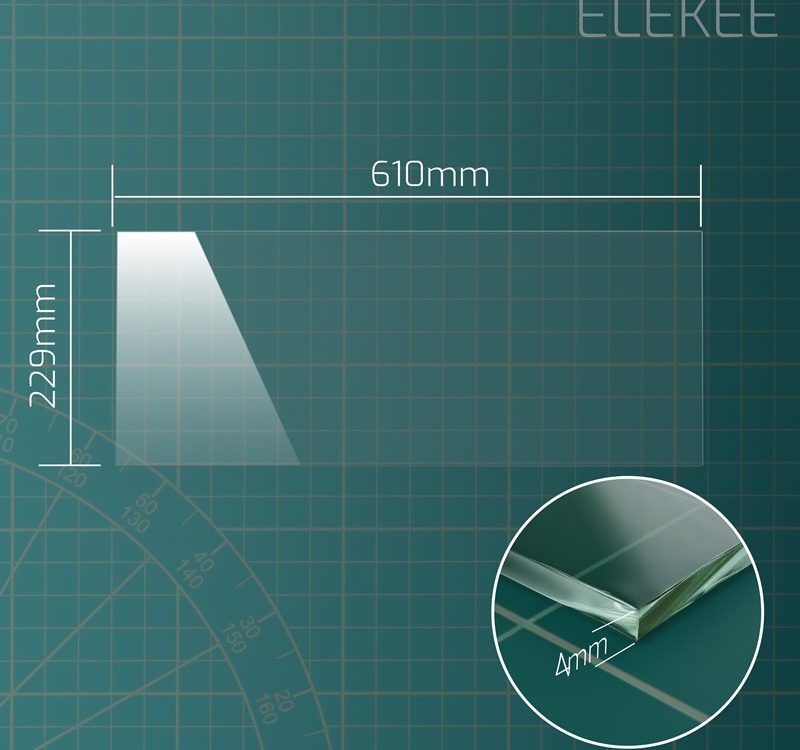 Dimension diagram of 610 x 229 mm toughened greenhouse glass pane, 4mm thick