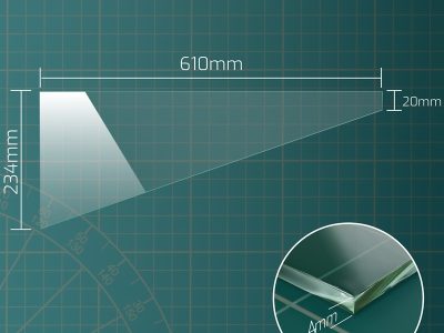 Dimension diagram of raked 610 x 234 x 20 mm toughened greenhouse glass pane, 4mm thick