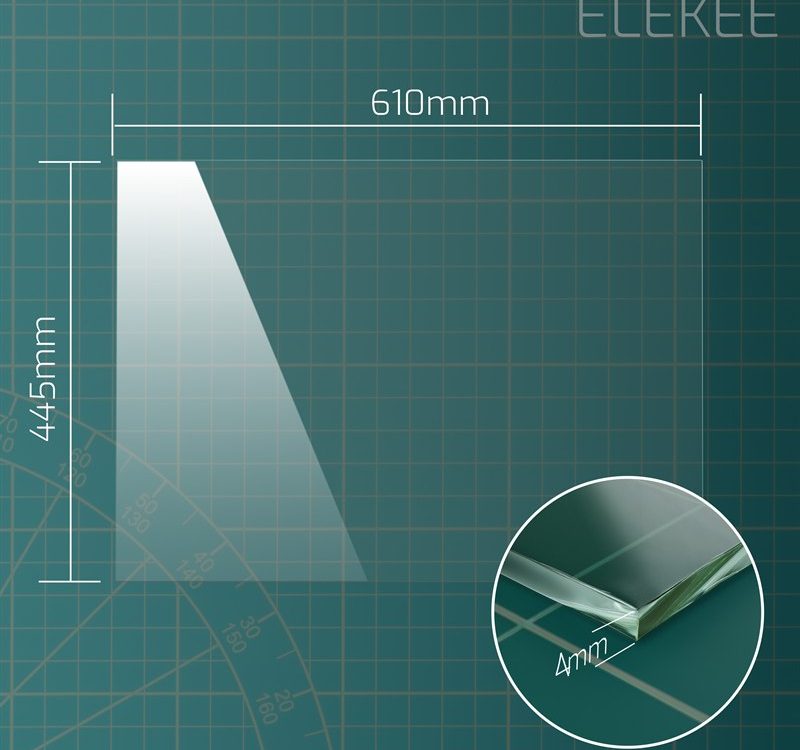Dimension diagram of 610 x 445 mm toughened greenhouse glass pane, 4mm thick