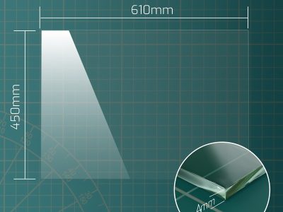 Dimension diagram of 610 x 450 mm toughened greenhouse glass pane, 4mm thick