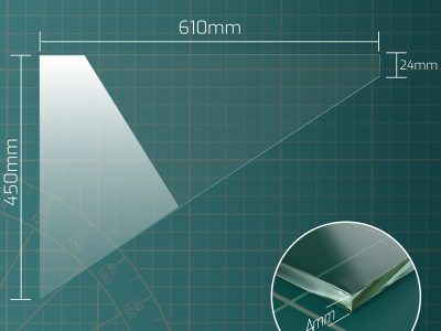 Dimension diagram of raked 610 x 450 x 24 mm toughened greenhouse glass pane, 4mm thick