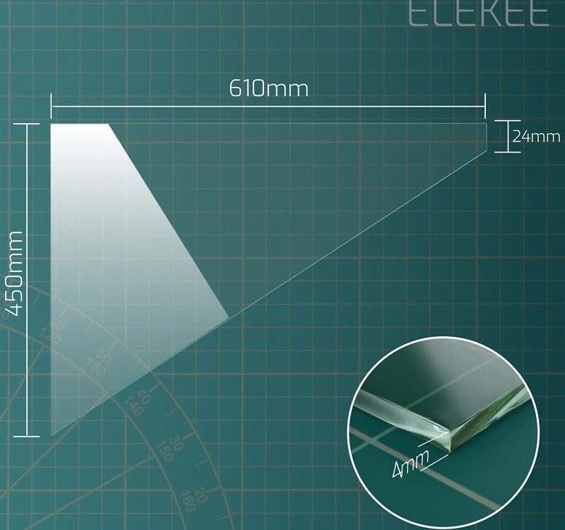 Dimension diagram of raked 610 x 450 x 24 mm toughened greenhouse glass pane, 4mm thick