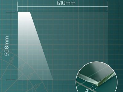 Dimension diagram of 610 x 508 mm toughened greenhouse glass pane, 4mm thick