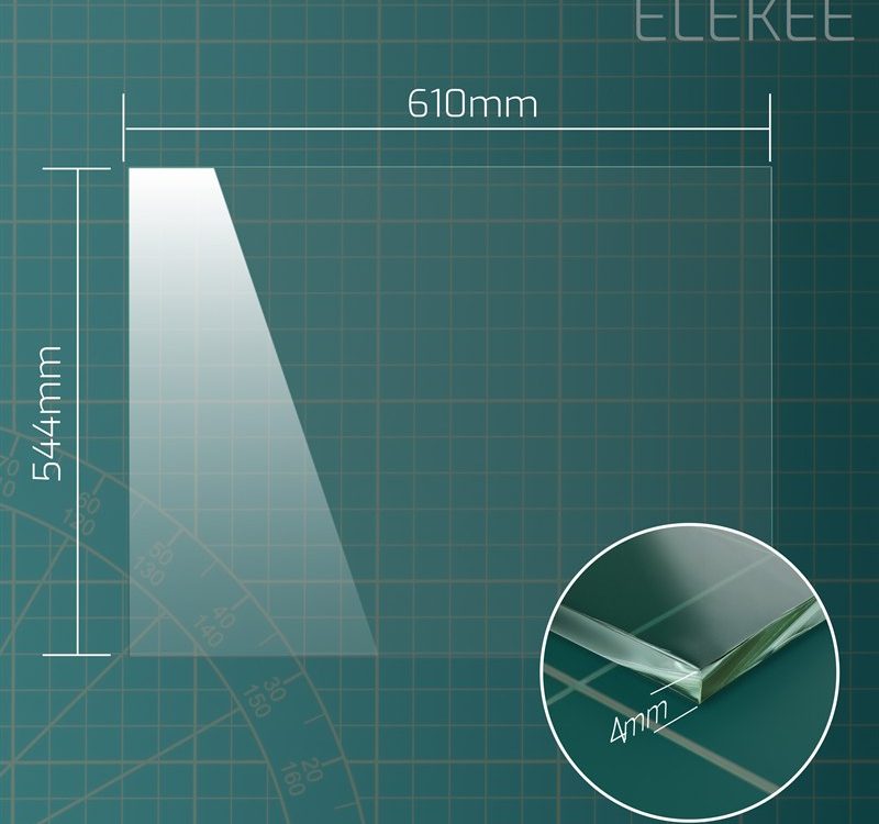 Dimension diagram of 610 x 544 mm toughened greenhouse glass pane, 4mm thick