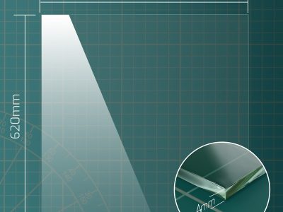 Dimension diagram of 610 x 620 mm toughened greenhouse glass pane, 4mm thick