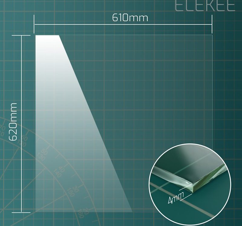 Dimension diagram of 610 x 620 mm toughened greenhouse glass pane, 4mm thick