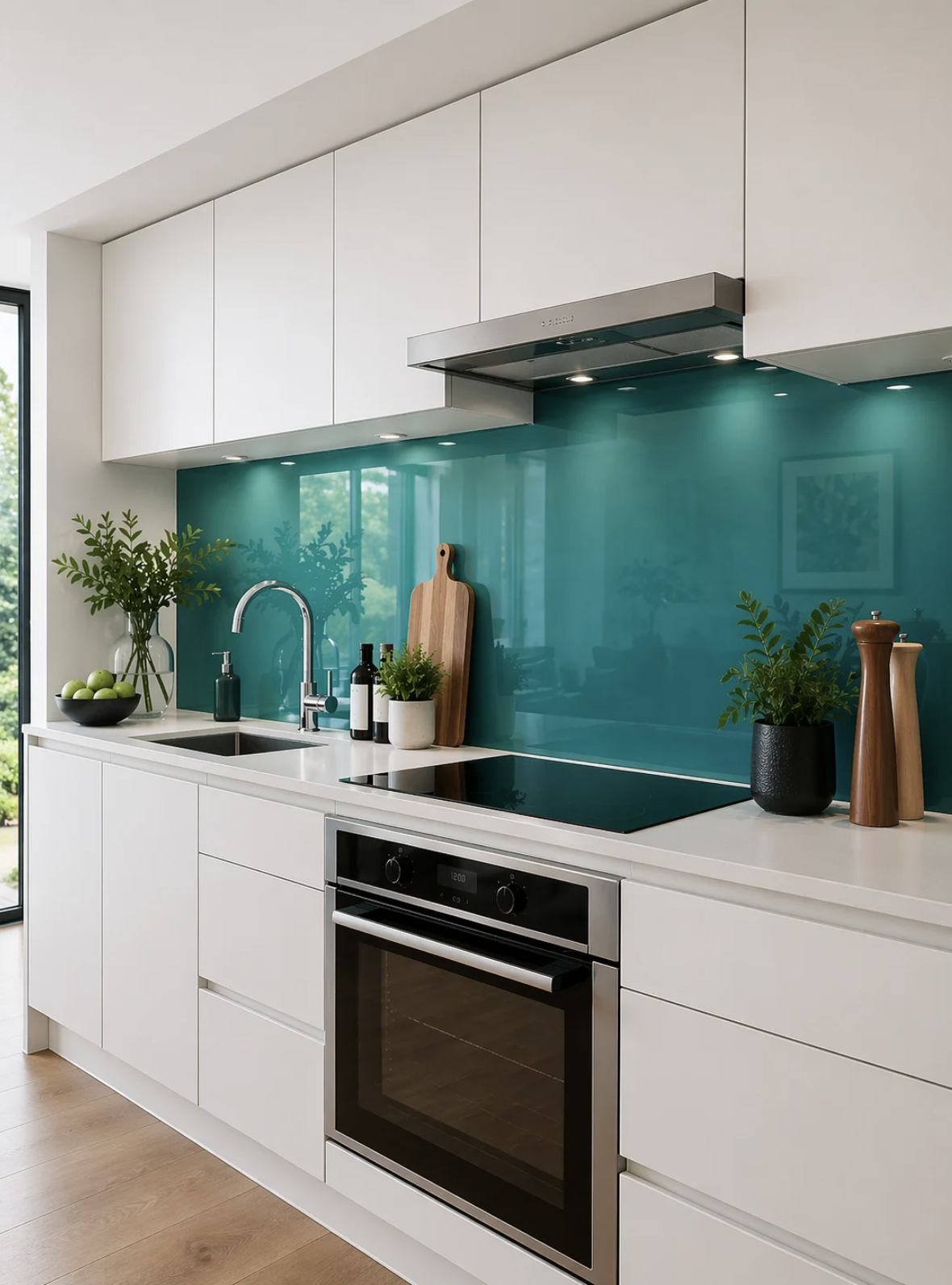 turquoise glass splashback in modern kitchen
