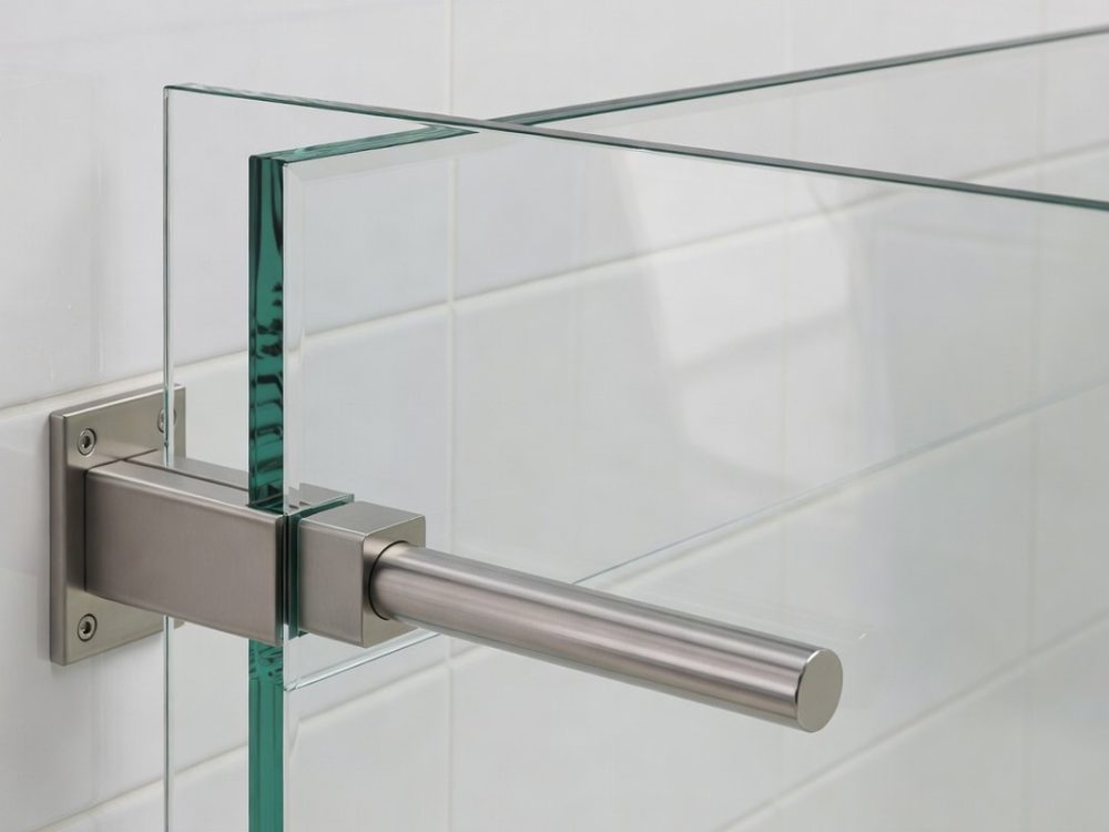 Frameless toughened wet room glass panel cut to size, wall fixed with a slim support bar