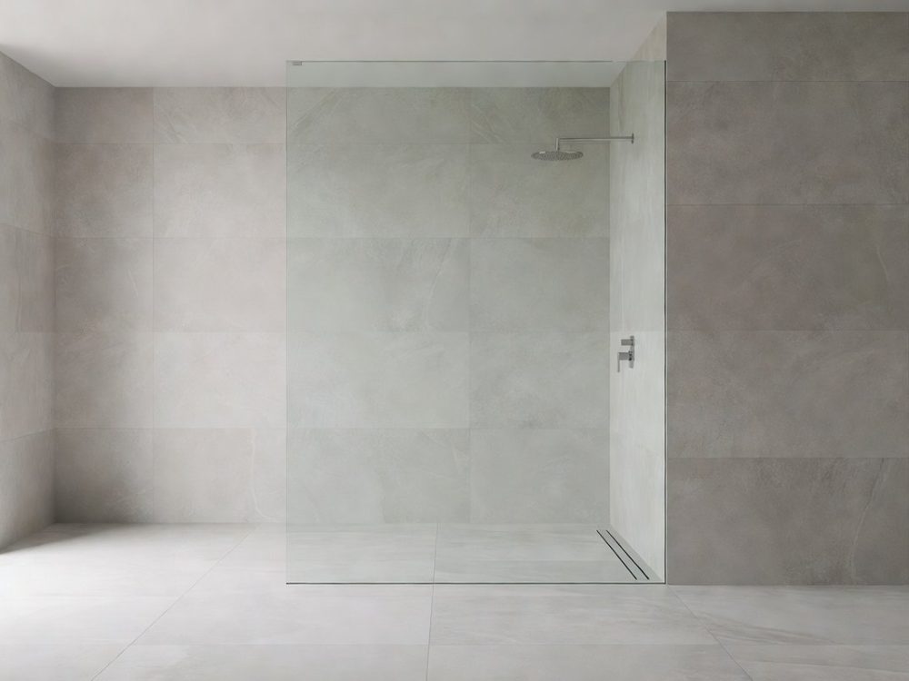 Frameless toughened wet room glass panel cut to size, wall fixed with a slim support bar