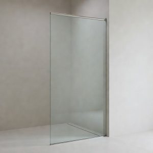 Frameless toughened wet room glass panel cut to size, wall fixed with a slim support bar