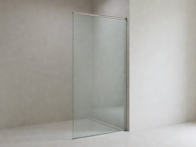 Frameless toughened wet room glass panel cut to size, wall fixed with a slim support bar